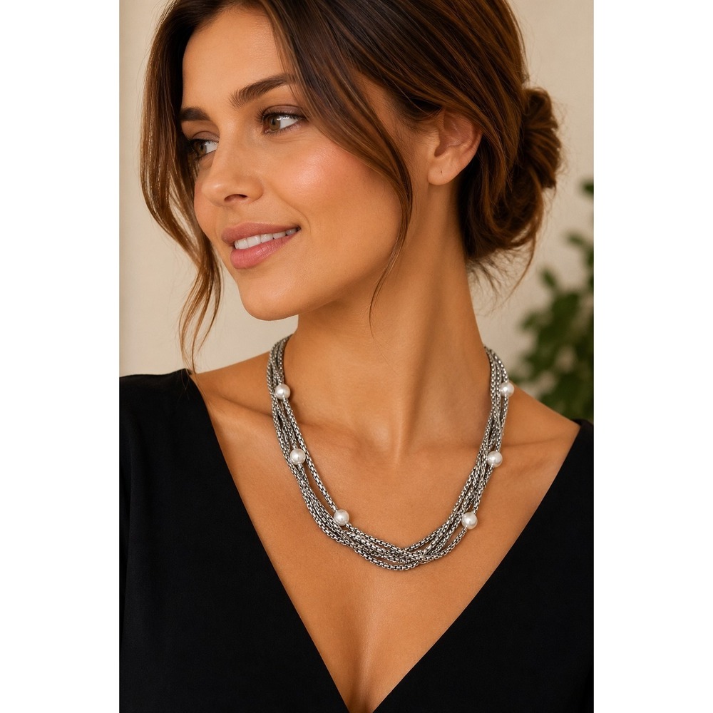 Silver Tone Multi Strand Box Chain Faux Pearl Necklace Toggle Clasp Statement